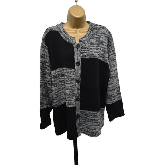Cardigan Sweater Womens Large Petite Black Gray Colorblock Patch Lagenlook Knit - Picture 1 of 7